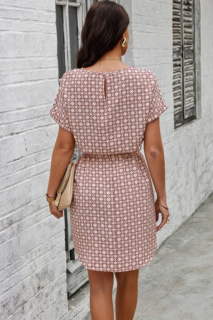 Elegant Crew Neck Batwing Sleeve Printed Dress