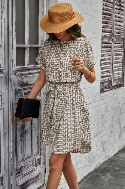 Elegant Crew Neck Batwing Sleeve Printed Dress