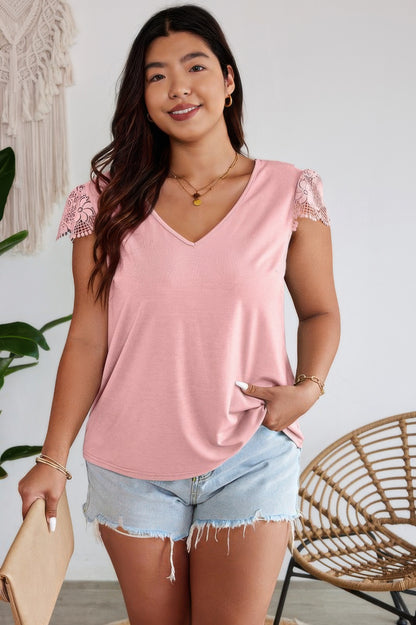 Solid V Neck Lace Splicing Back Bowknot T Shirt
