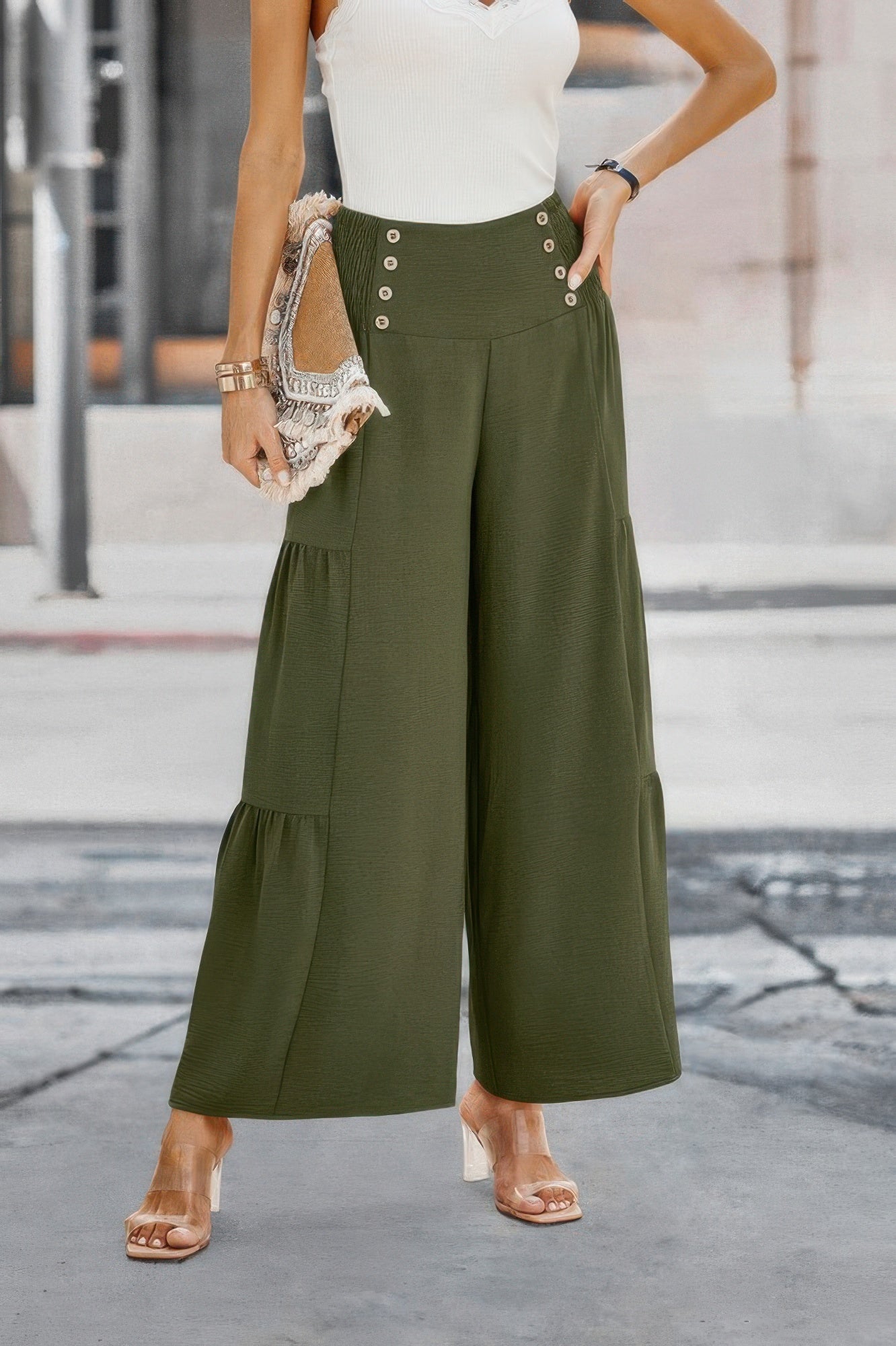 Elastic High Waist Wide Leg Long Palazzo Pants