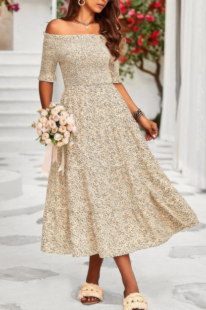 Boho Print Off Shoulder Ruffle Hem Floral Dress