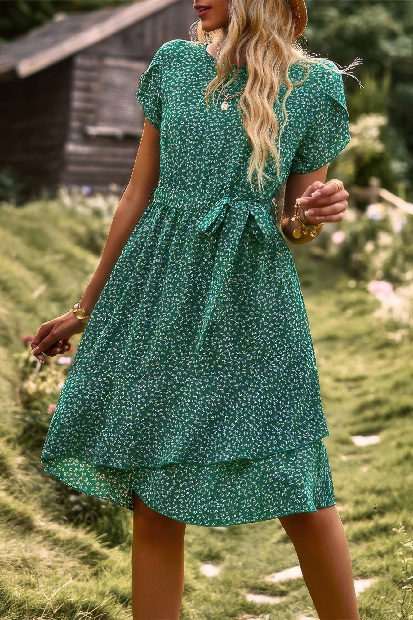 Floral Round Neck Slim Tiered A Line Ruffle Dress