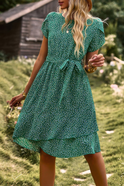 Floral Round Neck Slim Tiered A Line Ruffle Dress