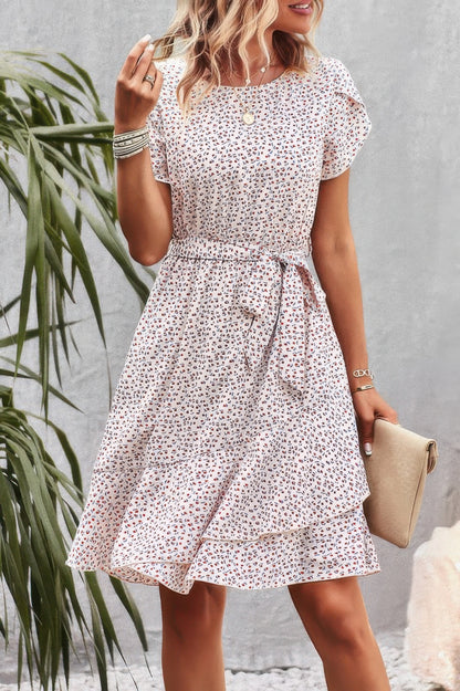 Floral Round Neck Slim Tiered A Line Ruffle Dress