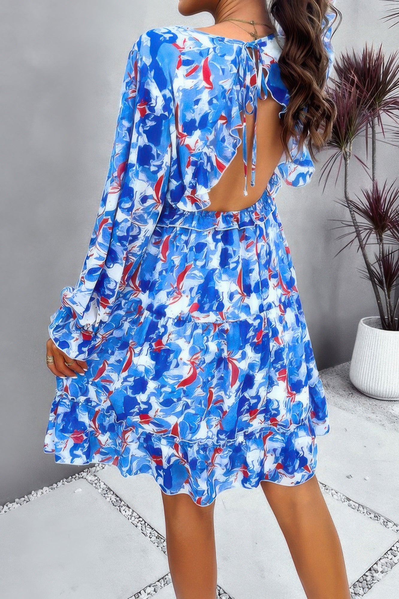 Elegant Printed V Neck Ruffled A Line Mini Dress