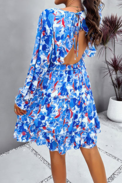 Elegant Printed V Neck Ruffled A Line Mini Dress