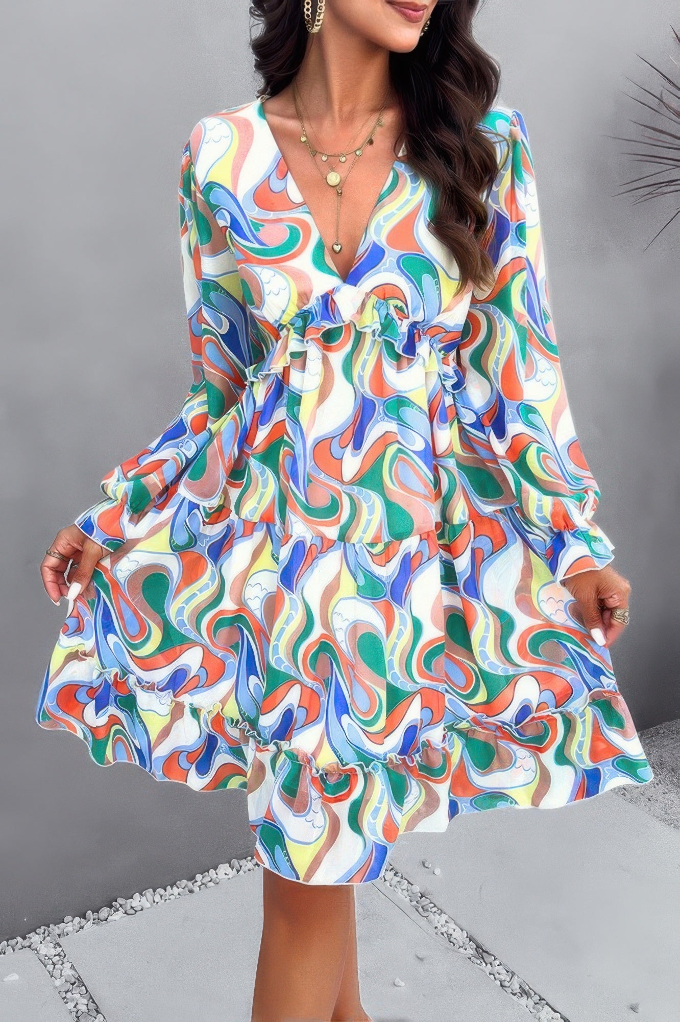 Elegant Printed V Neck Ruffled A Line Mini Dress