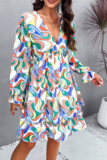 Elegant Printed V Neck Ruffled A Line Mini Dress
