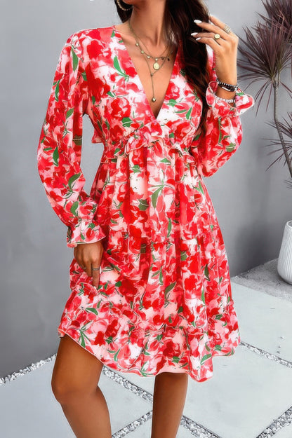 Elegant Printed V Neck Ruffled A Line Mini Dress