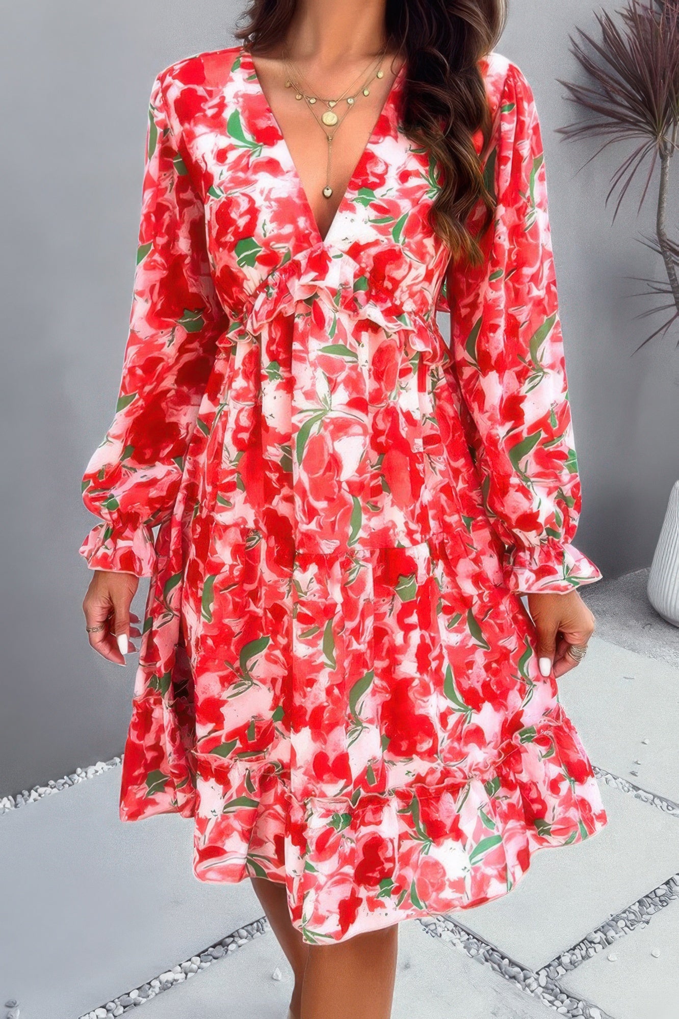 Elegant Printed V Neck Ruffled A Line Mini Dress