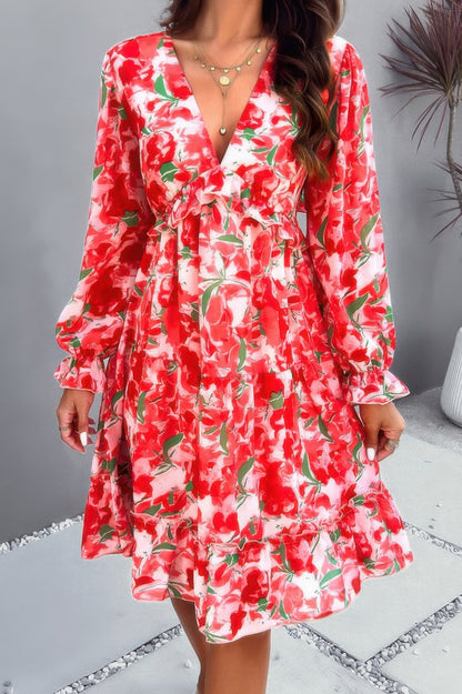 Elegant Printed V Neck Ruffled A Line Mini Dress