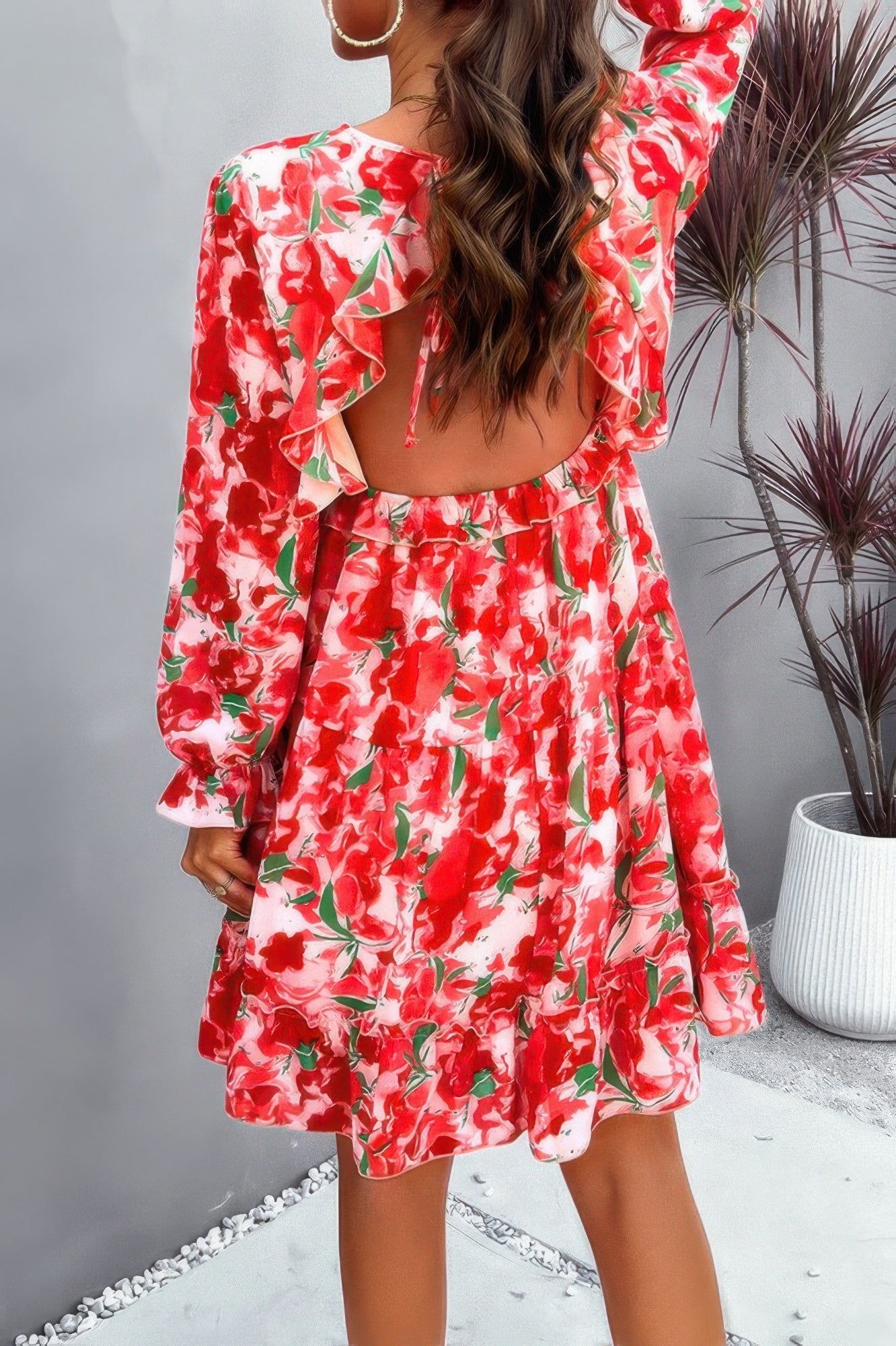 Elegant Printed V Neck Ruffled A Line Mini Dress