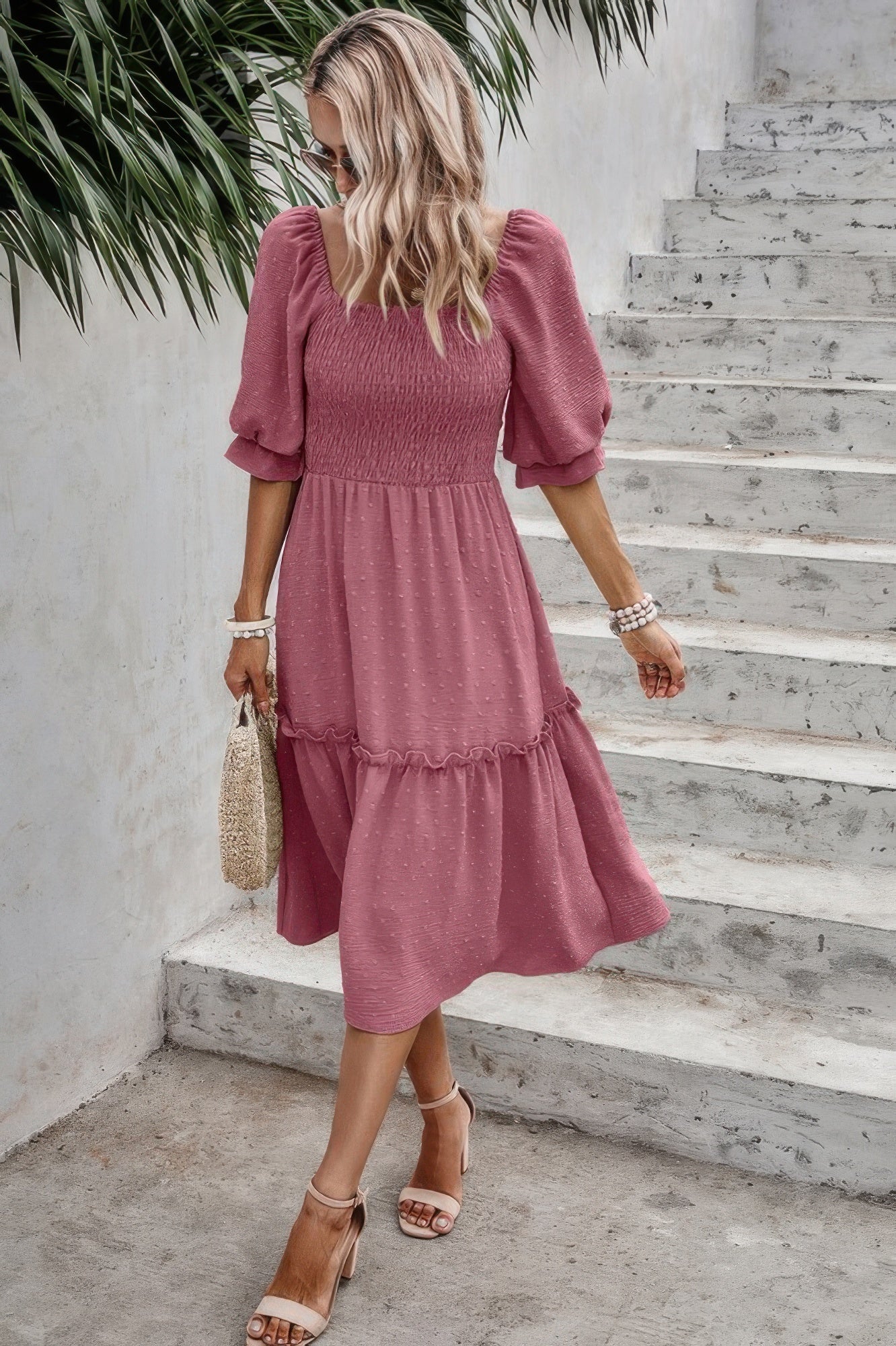 Square Neck Puff Sleeve Ruffle Hem Dress