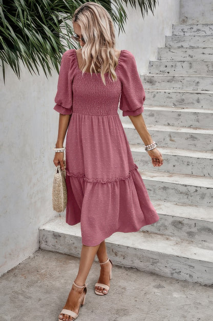 Square Neck Puff Sleeve Ruffle Hem Dress