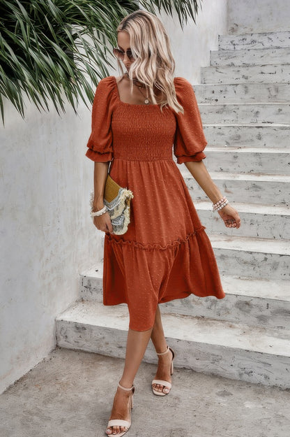 Square Neck Puff Sleeve Ruffle Hem Dress