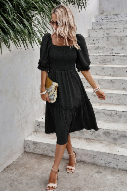 Square Neck Puff Sleeve Ruffle Hem Dress