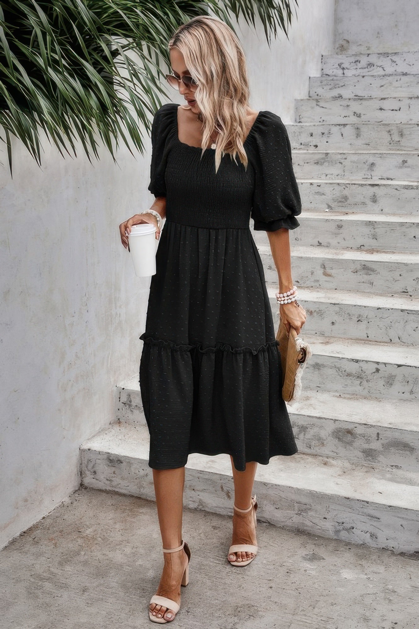 Square Neck Puff Sleeve Ruffle Hem Dress