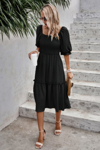 Square Neck Puff Sleeve Ruffle Hem Dress