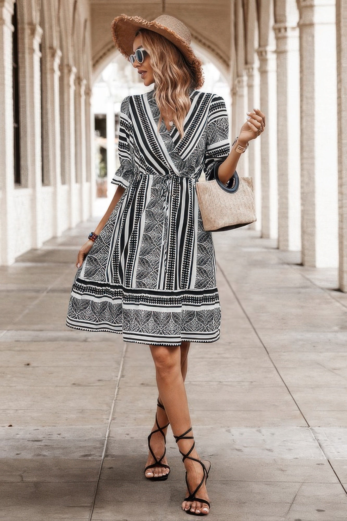 Allover Print Surplice Neck Ruffle Hem Fit Dress
