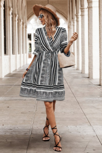 Allover Print Surplice Neck Ruffle Hem Fit Dress