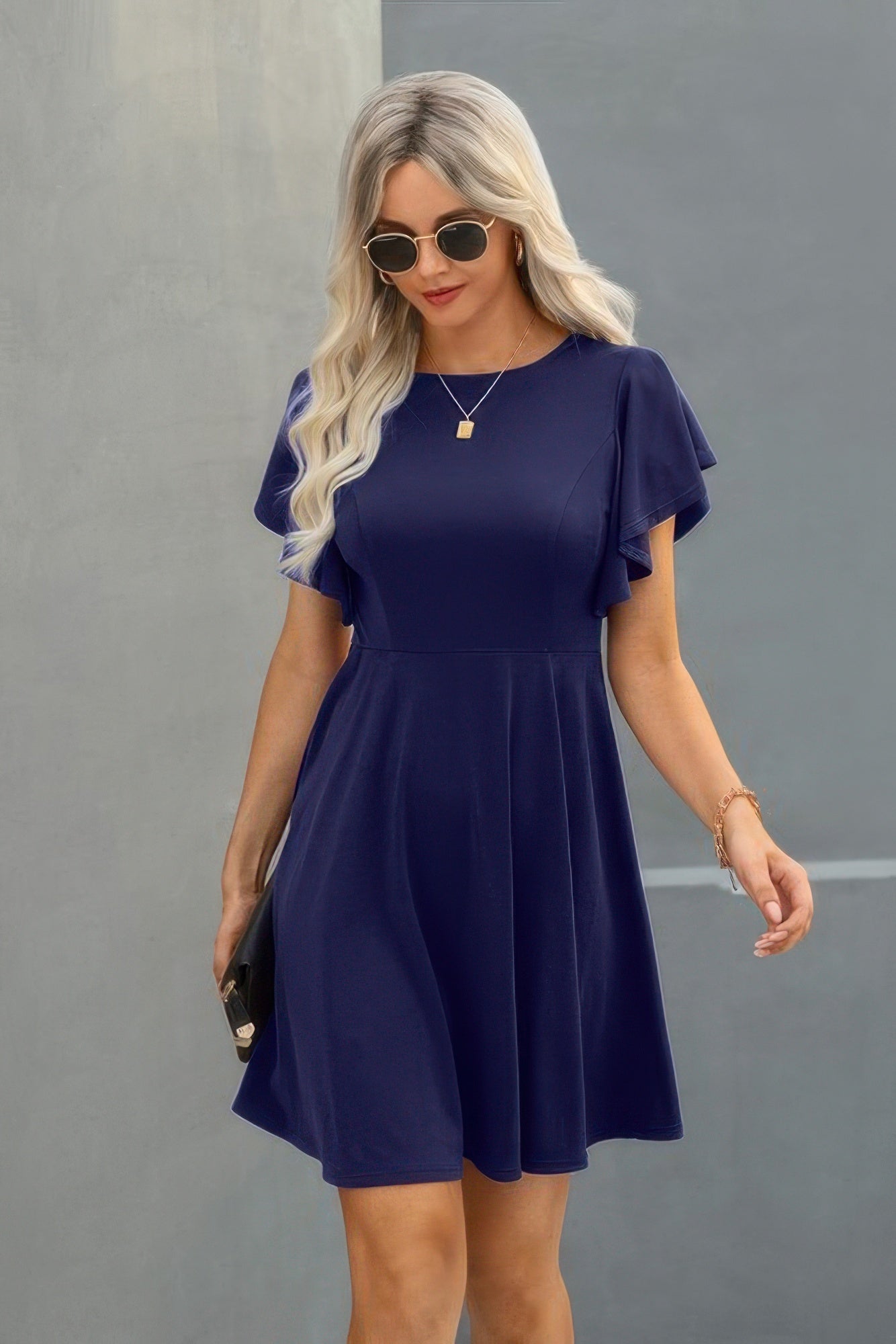 blue dress with butterflies Crew Neck Dress with Butterfly Sleeves