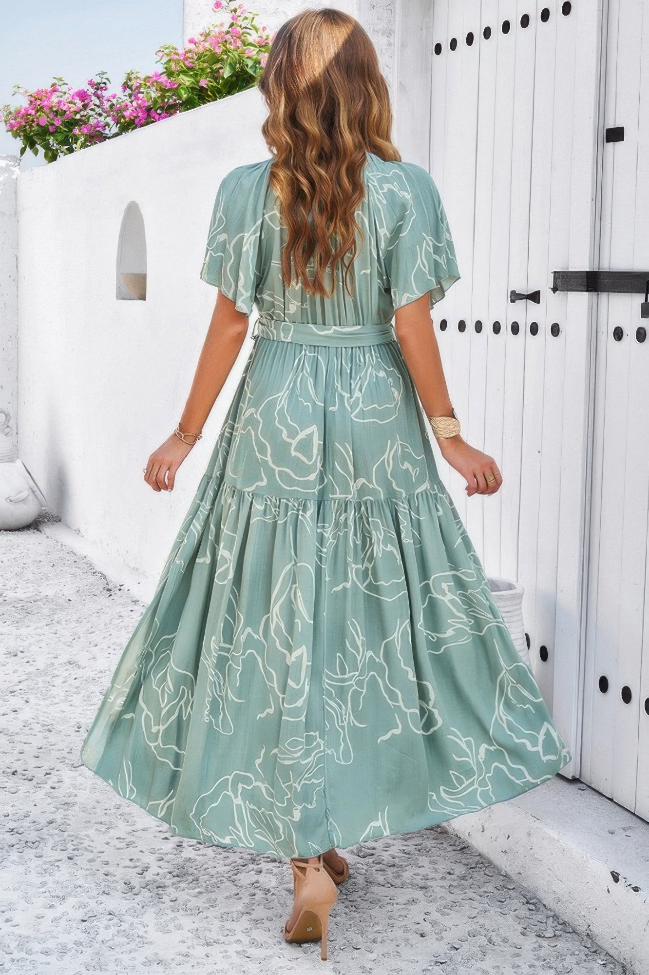Allover Print V Neck Fit Belt A Line Long Dress