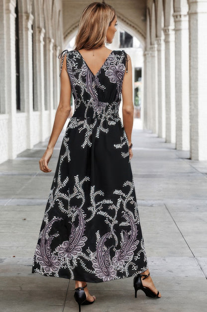 Cross V Neck Floral Print Sleeveless Fit Dress