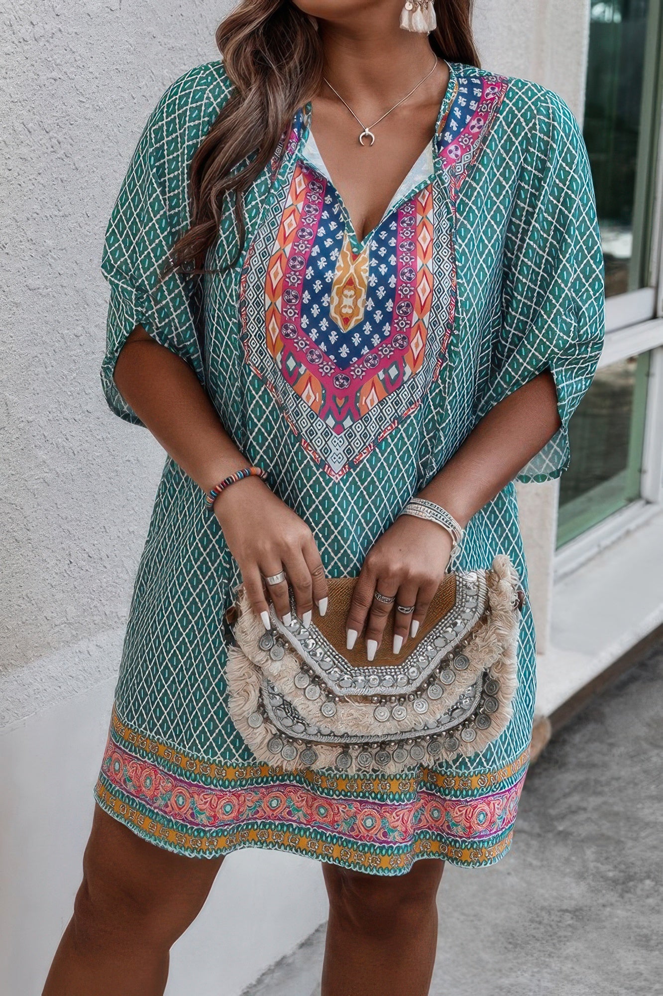 Plus Size V Neck Printed Loose Fit Midi Dress