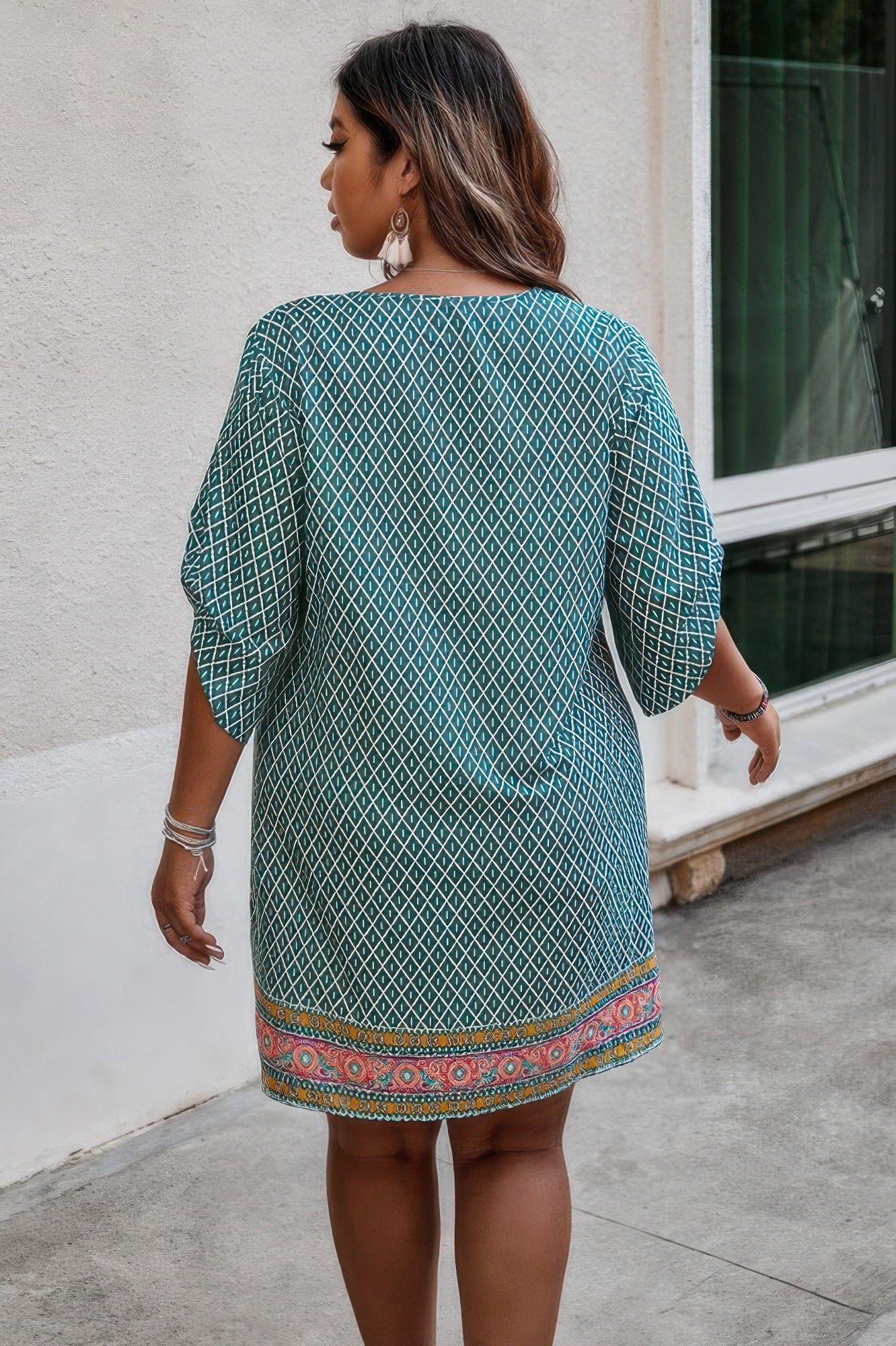Plus Size V Neck Printed Loose Fit Midi Dress