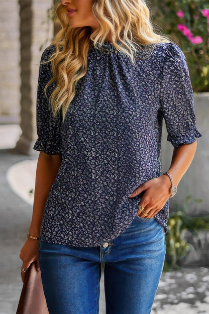 Floral Ruffle Mock Neck Puff Short Sleeve Shirt