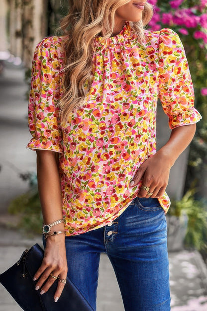 Floral Ruffle Mock Neck Puff Short Sleeve Shirt