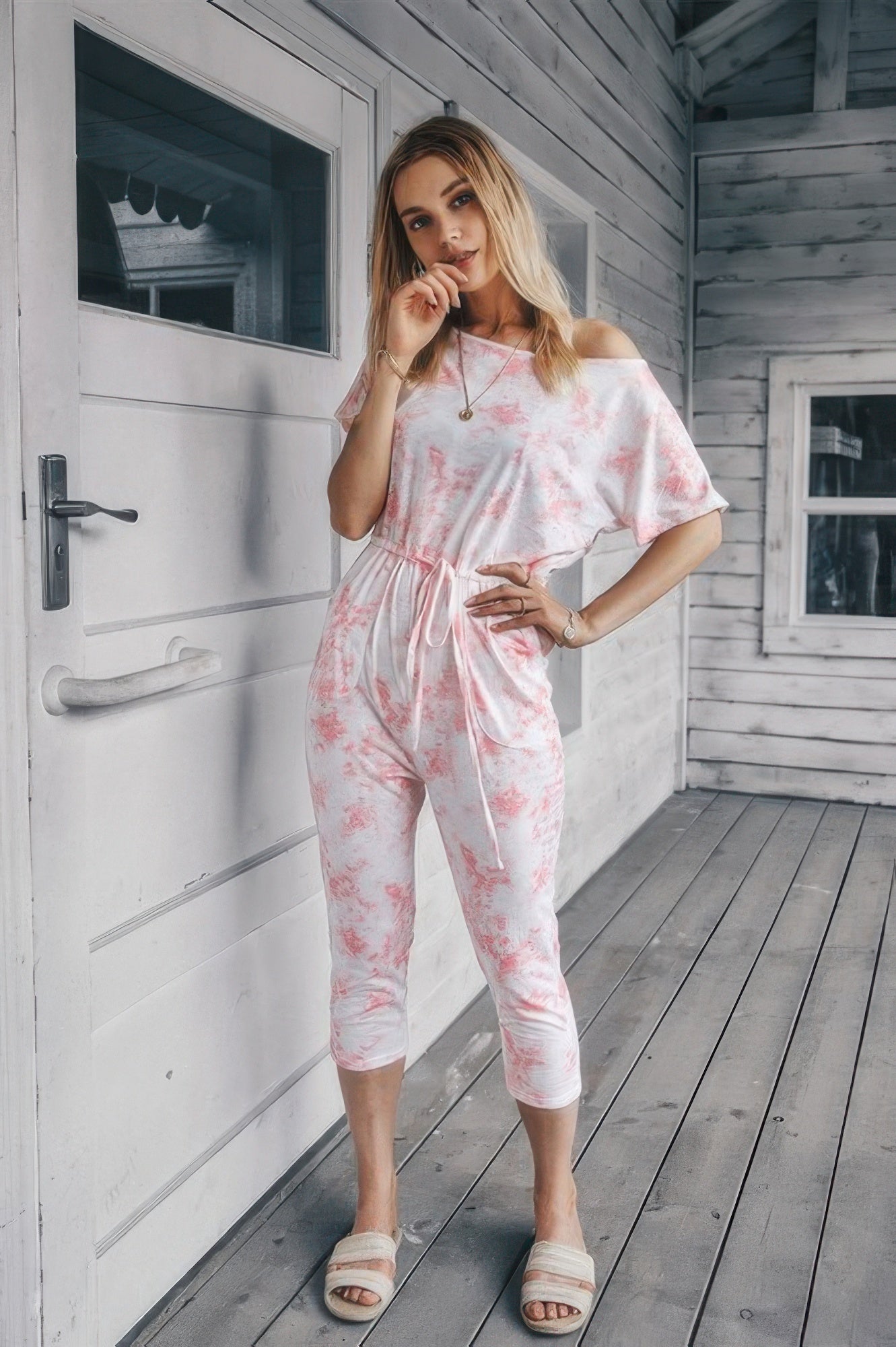 Tie Dye One Shoulder Drawstring Fit Jumpsuit