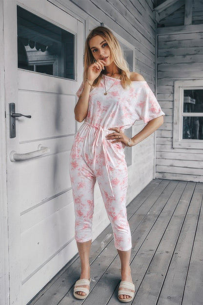 Tie Dye One Shoulder Drawstring Fit Jumpsuit