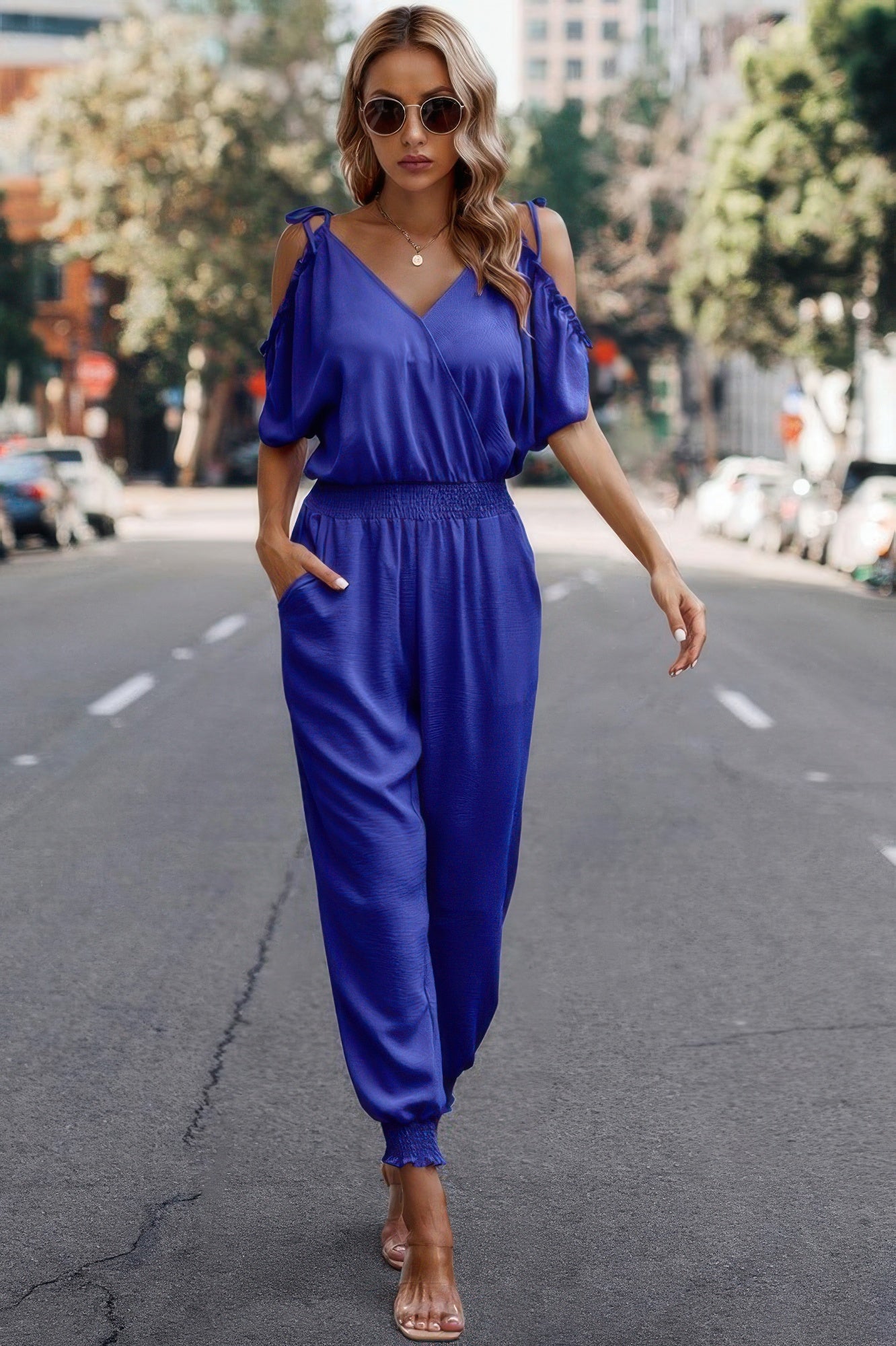 Solid Wrap V Neck Cold Shoulder Outfits Jumpsuit