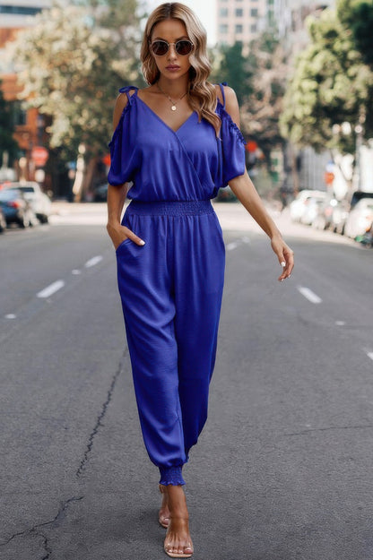 Solid Wrap V Neck Cold Shoulder Outfits Jumpsuit