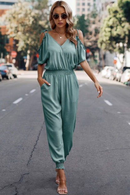 Solid Wrap V Neck Cold Shoulder Outfits Jumpsuit