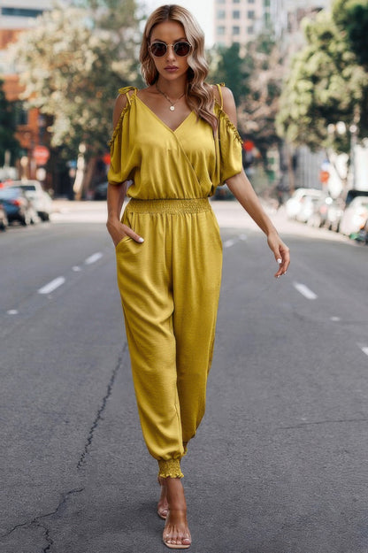 Solid Wrap V Neck Cold Shoulder Outfits Jumpsuit