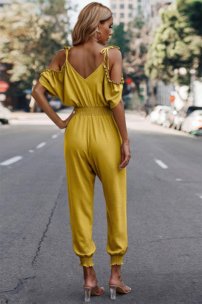 Solid Wrap V Neck Cold Shoulder Outfits Jumpsuit
