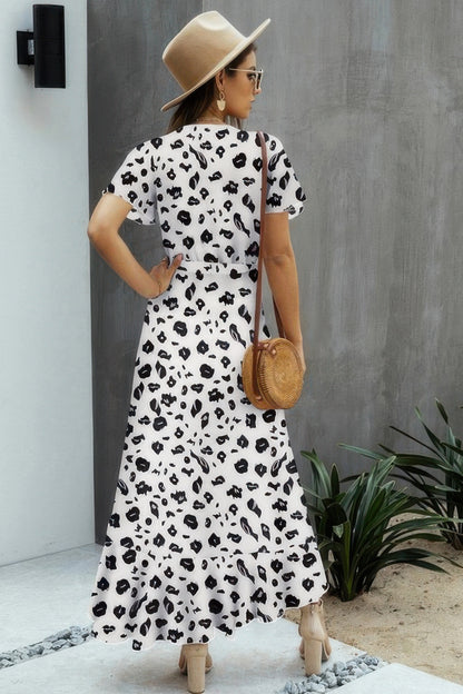 Allover Print High V Neck Low Wrap Dress