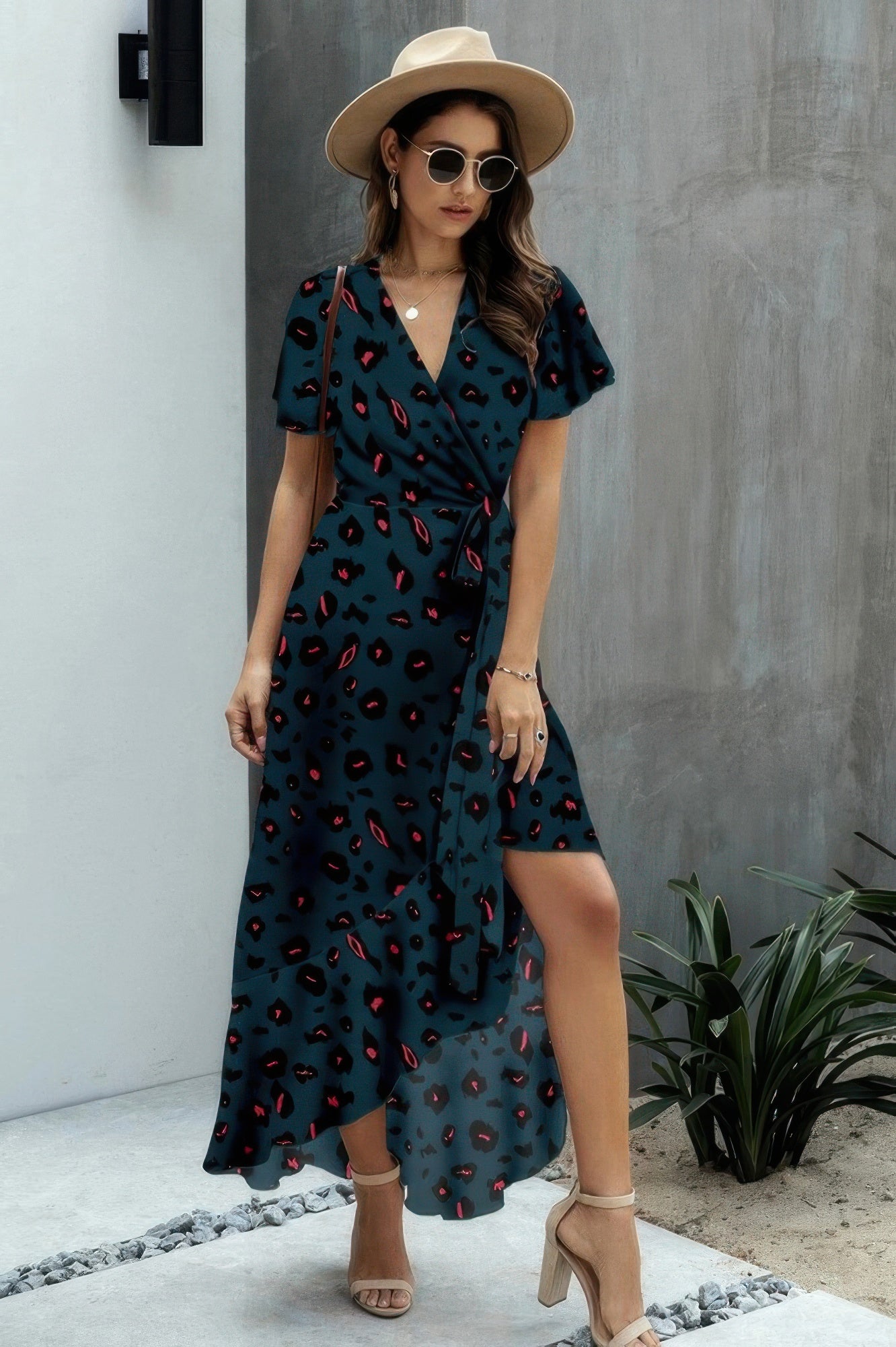 Allover Print High V Neck Low Wrap Dress