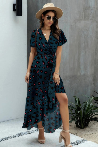 Allover Print High V Neck Low Wrap Dress