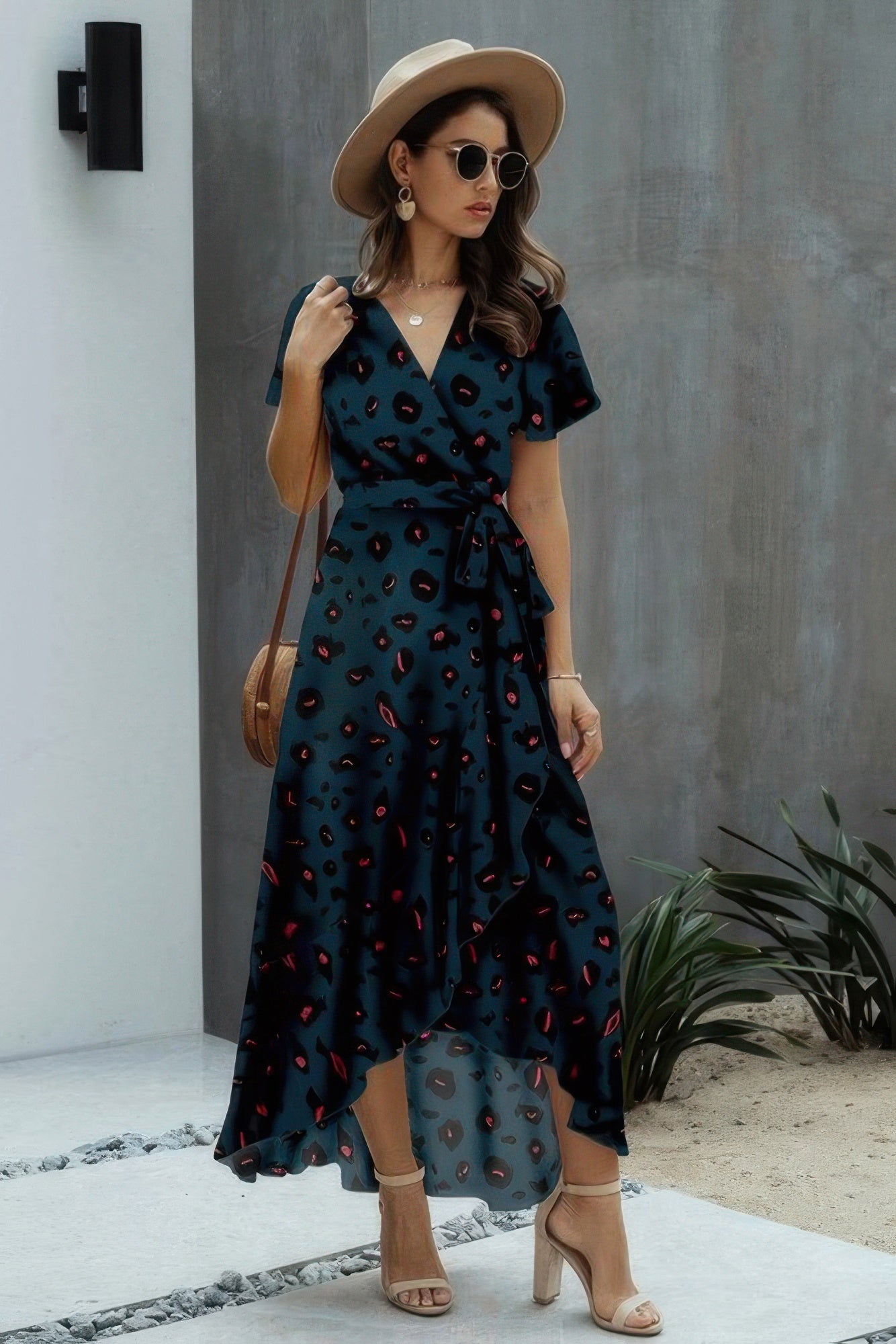 Allover Print High V Neck Low Wrap Dress