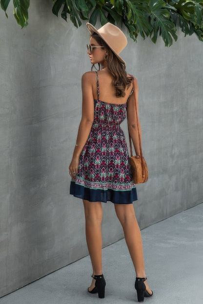Floral Spaghetti Strap Button Down Ruffle Mini Dress