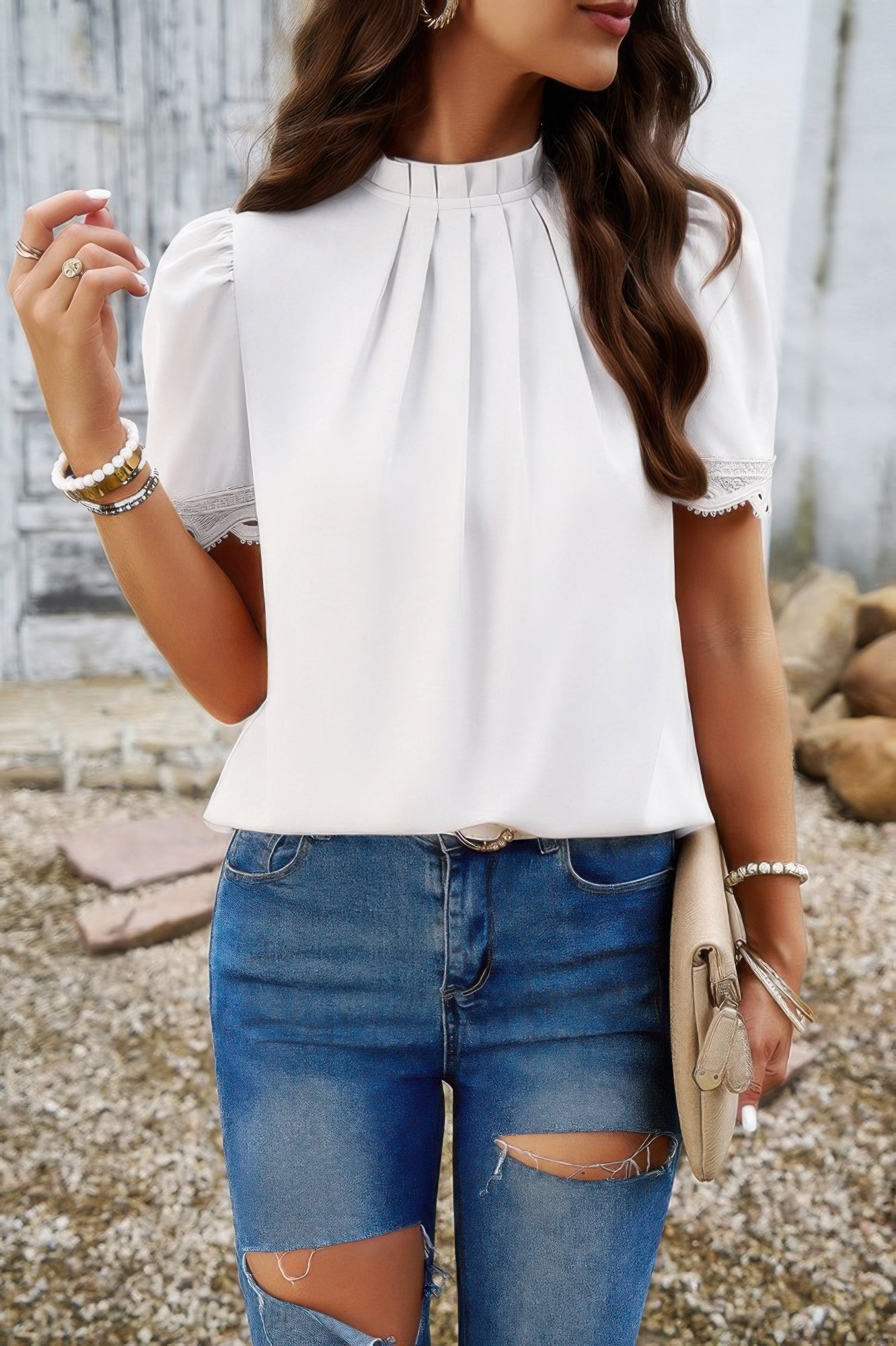 Crew Neck Solid Ruffle Loose Fit Dressy Elegant Shirt