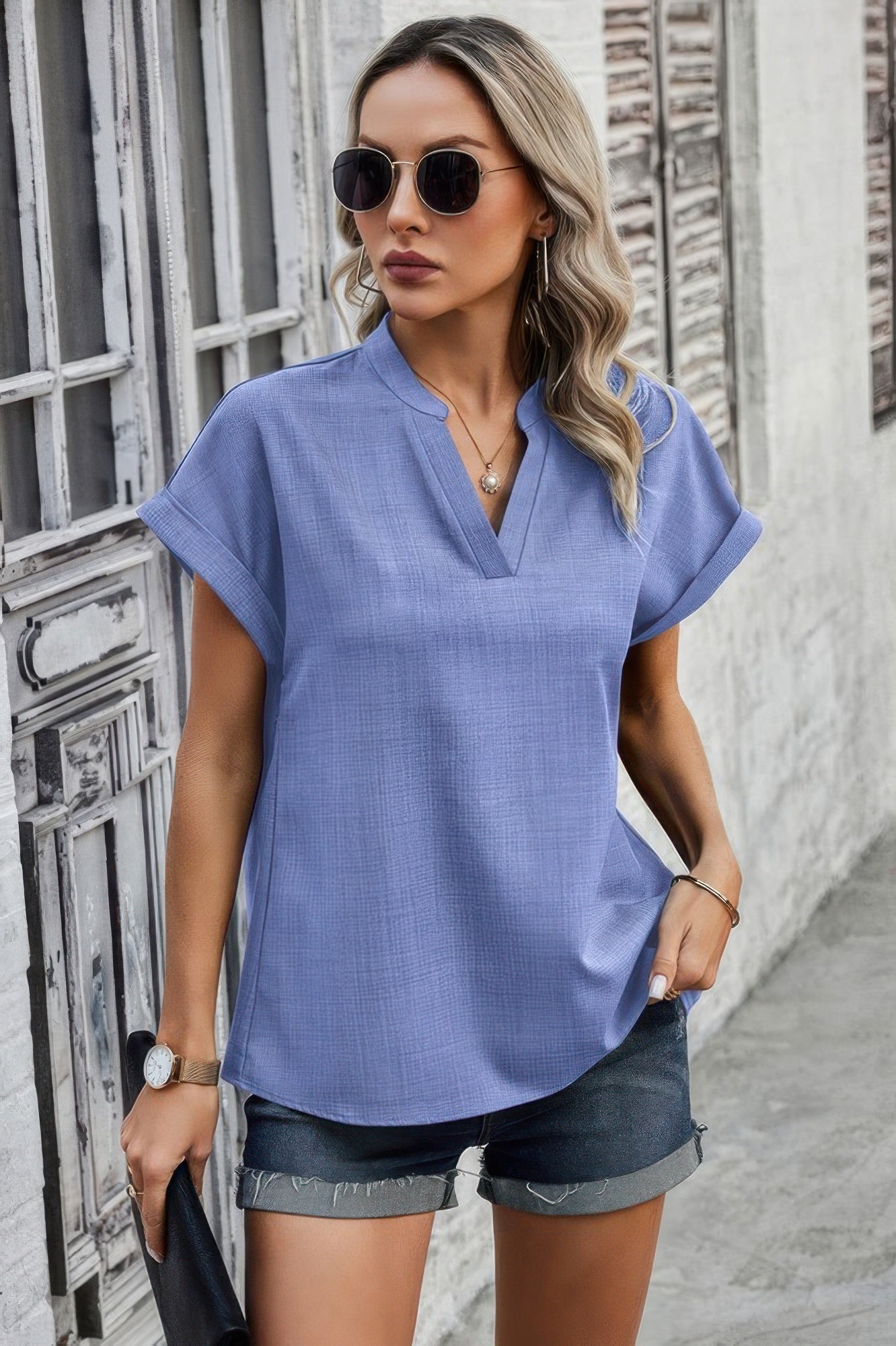 V Neck Solid Short Bat Sleeve Loose Fit Blouse