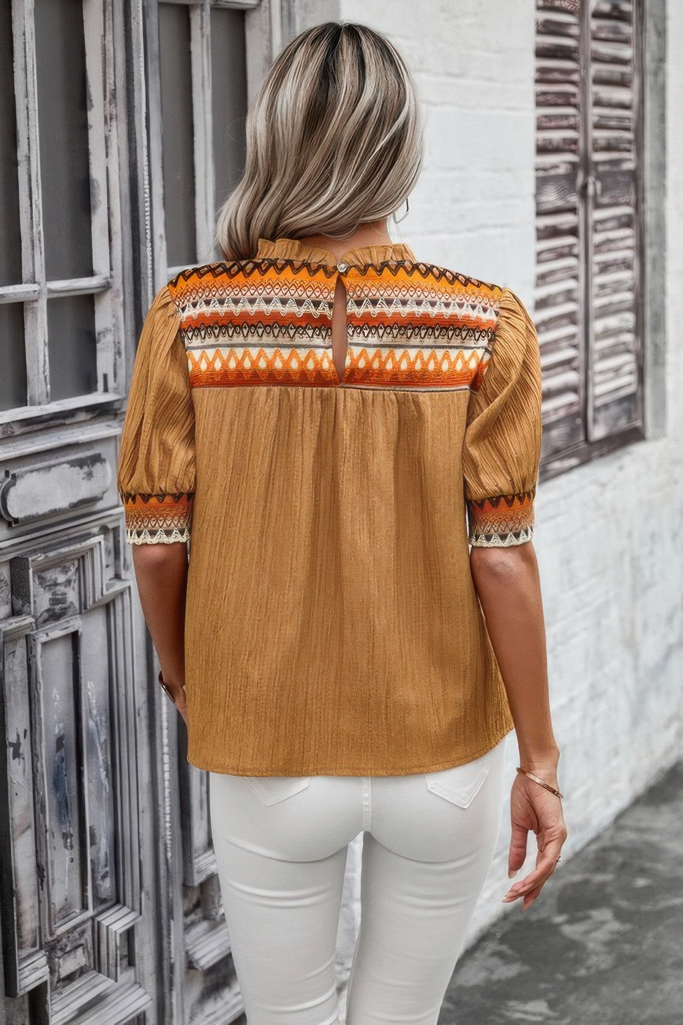 Geometric Print Elegant Textured Puff Sleeve Shirt