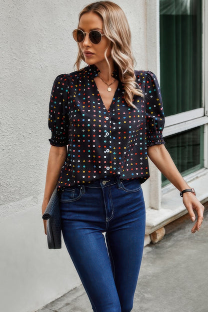 Polka Dot Print Puff Sleeve Loose Shirt