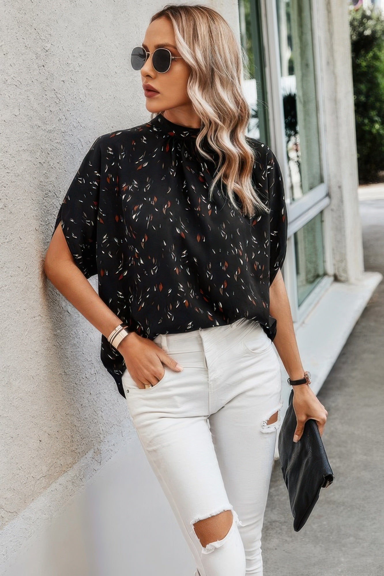 Leopard Print Open Back Knot Drop Shoulder Top