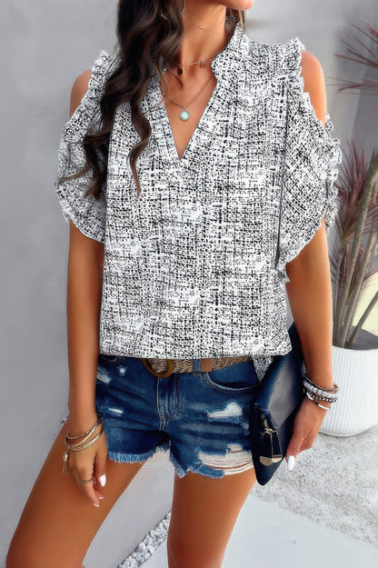 Printed Mandarine Collar Cold Shoulder Loose Top