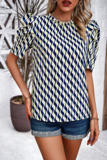 Puff Sleeves Allover Print Knot Loose Fit Top
